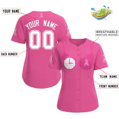 Women's Pink White Breast Cancer Awareness Pink Ribbon Baseball Jersey 2
