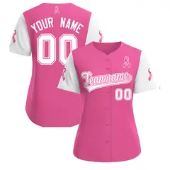 Women's Pink White Breast Cancer Awareness Pink Ribbon Baseball Jersey 1