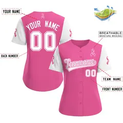 Women's Pink White Breast Cancer Awareness Pink Ribbon Baseball Jersey 2