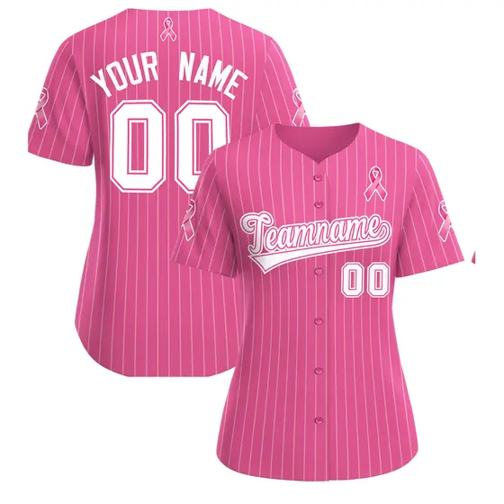 Women's Pink White Breast Cancer Awareness Pink Ribbon Baseball Jersey