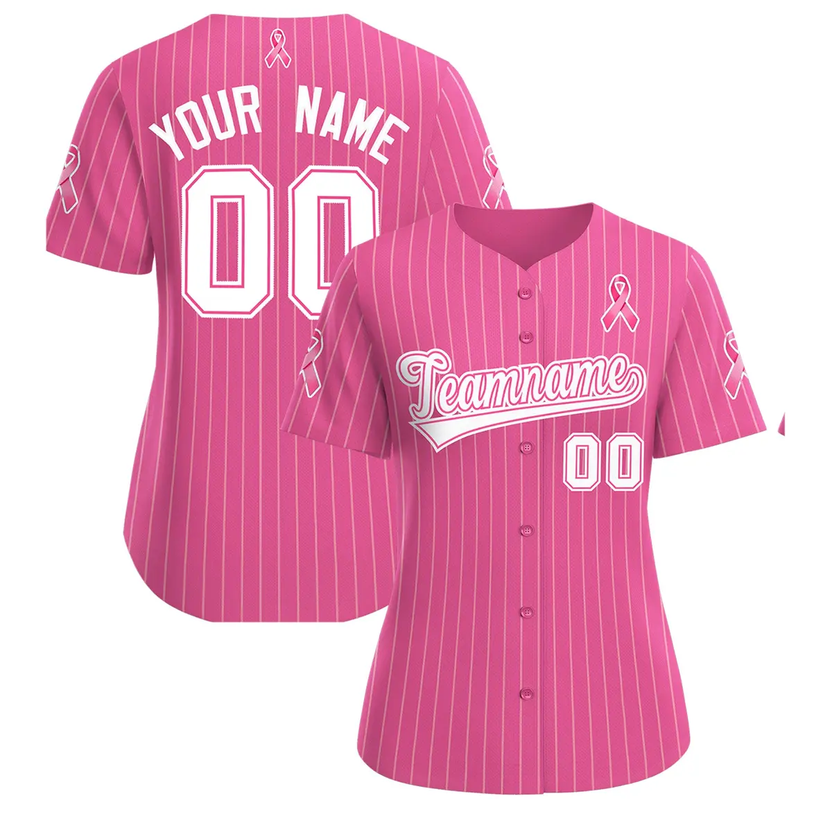 Women's Pink White Breast Cancer Awareness Pink Ribbon Baseball Jersey
