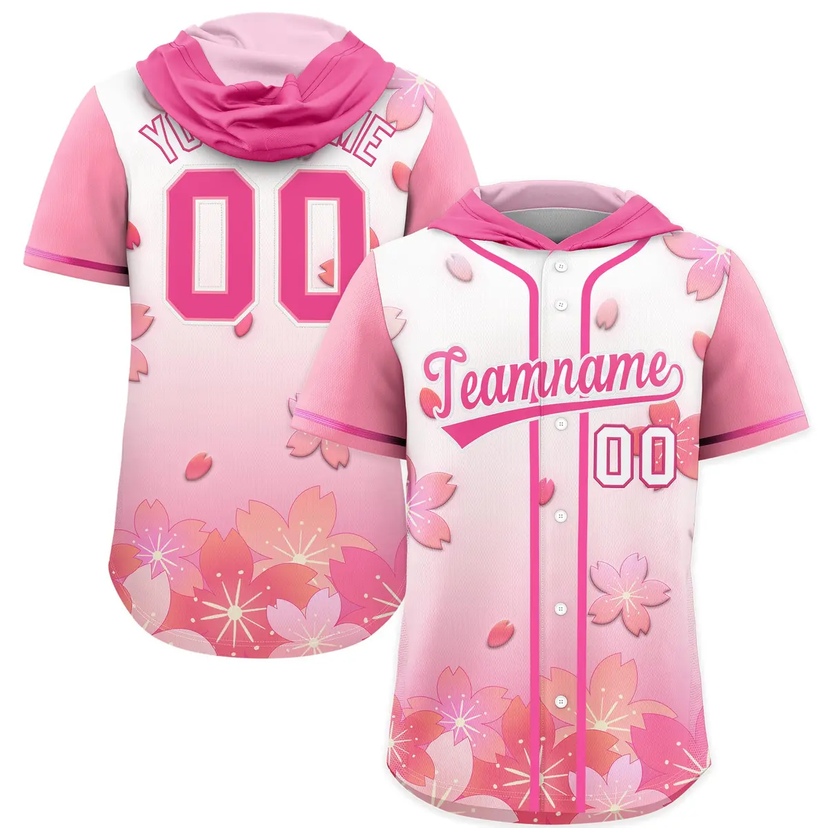 Pink White Cherry Blossoms Raglan Hooded Baseball Jersey