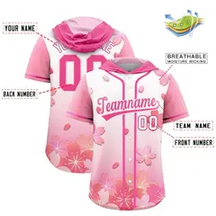 Pink White Cherry Blossoms Raglan Hooded Baseball Jersey 2