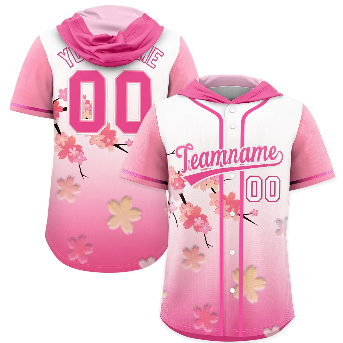 Pink White Cherry Blossoms Raglan Hooded Baseball Jersey