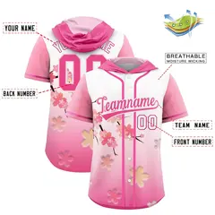 Pink White Cherry Blossoms Raglan Hooded Baseball Jersey 2