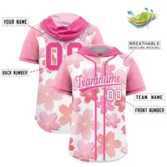 Pink White Cherry Blossoms Raglan Hooded Baseball Jersey 2