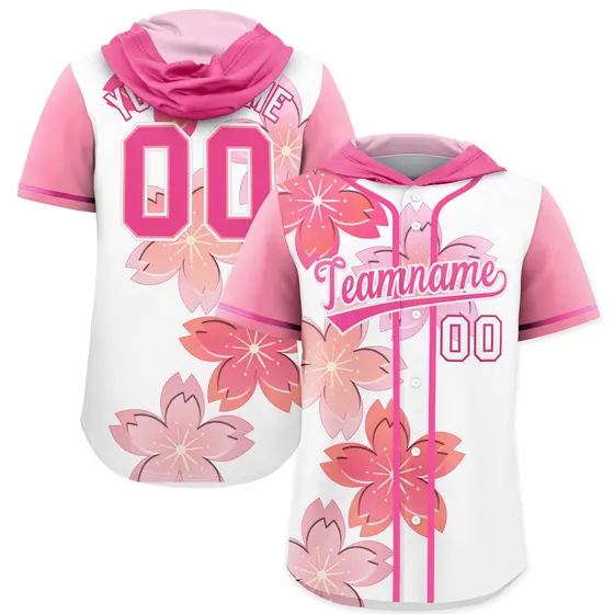 Pink White Cherry Blossoms Raglan Hooded Baseball Jersey