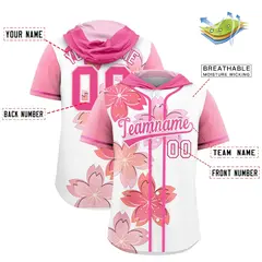 Pink White Cherry Blossoms Raglan Hooded Baseball Jersey 2