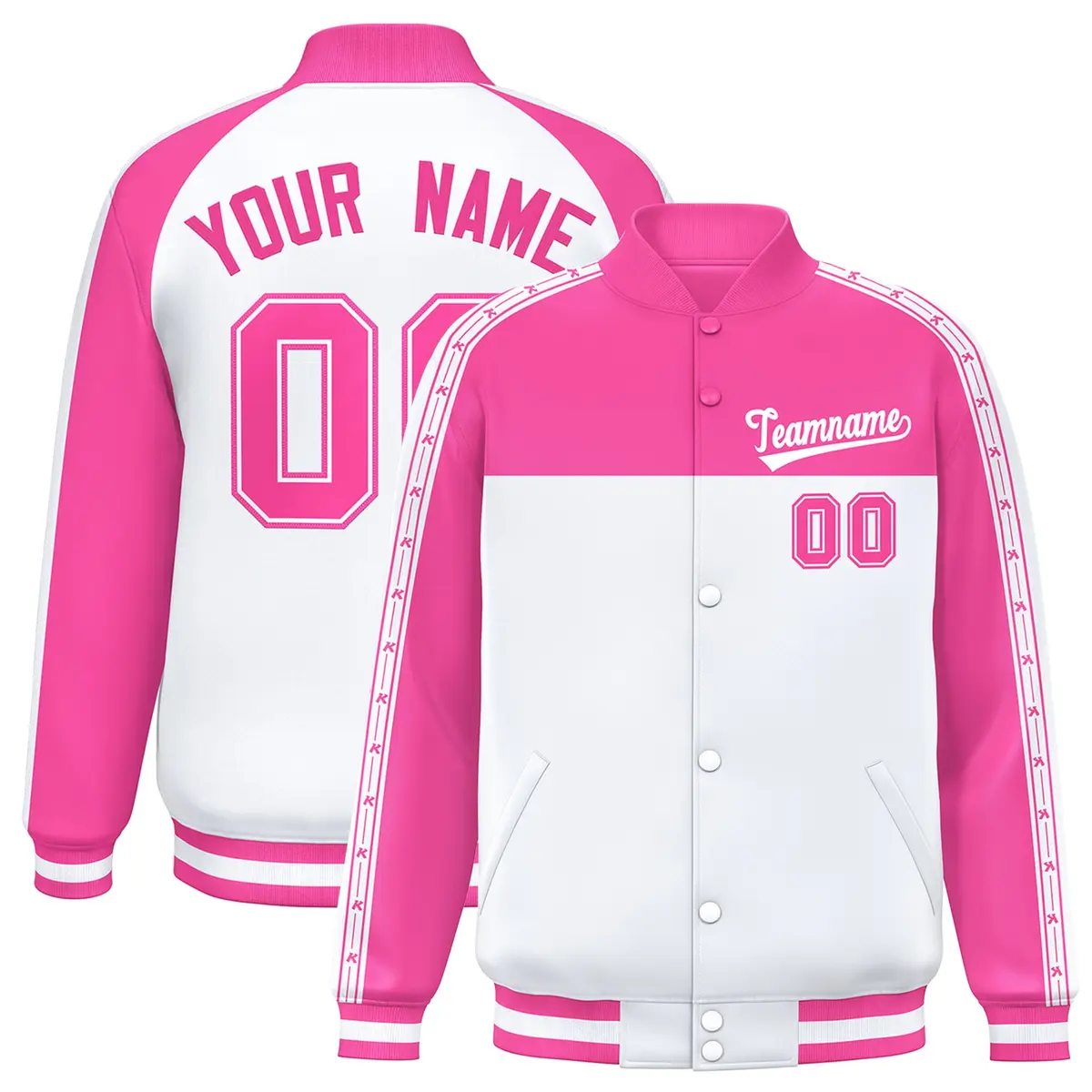 Pink White Color Block K-Ribbon Varsity Letterman Jacket