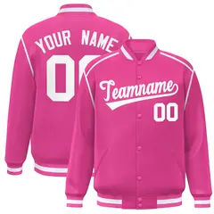 Pink White Color Block Ribbon Varsity Full-Snap Bomber Jacket