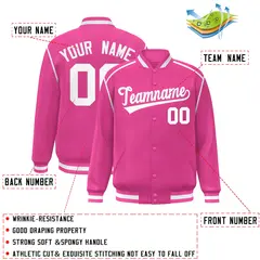Pink White Color Block Ribbon Varsity Full-Snap Bomber Jacket 2
