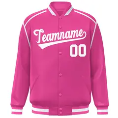 Pink White Color Block Ribbon Varsity Full-Snap Bomber Jacket 3