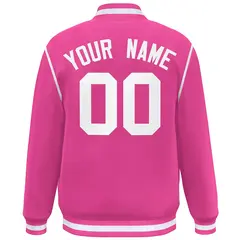 Pink White Color Block Ribbon Varsity Full-Snap Bomber Jacket 4