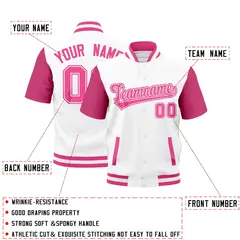 Pink White Full-Snap Short Sleeve Varsity Jacket 2