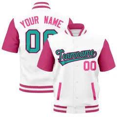Pink White Full-Snap Short Sleeve Varsity Jacket