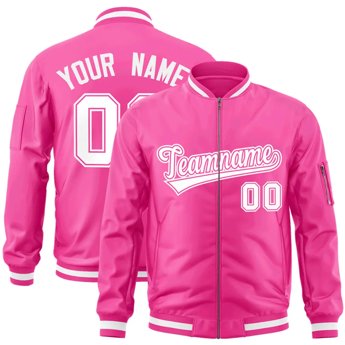 Pink White Full-Zip Varsity Letterman Bomber Jacket