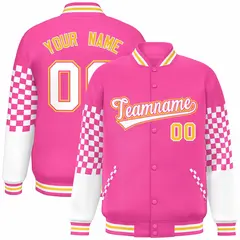 Pink White-Gold Checkered Color Block Bomber Varsity Jacket