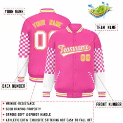 Pink White-Gold Checkered Color Block Bomber Varsity Jacket 2