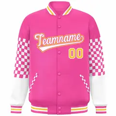 Pink White-Gold Checkered Color Block Bomber Varsity Jacket 3