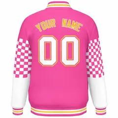 Pink White-Gold Checkered Color Block Bomber Varsity Jacket 4