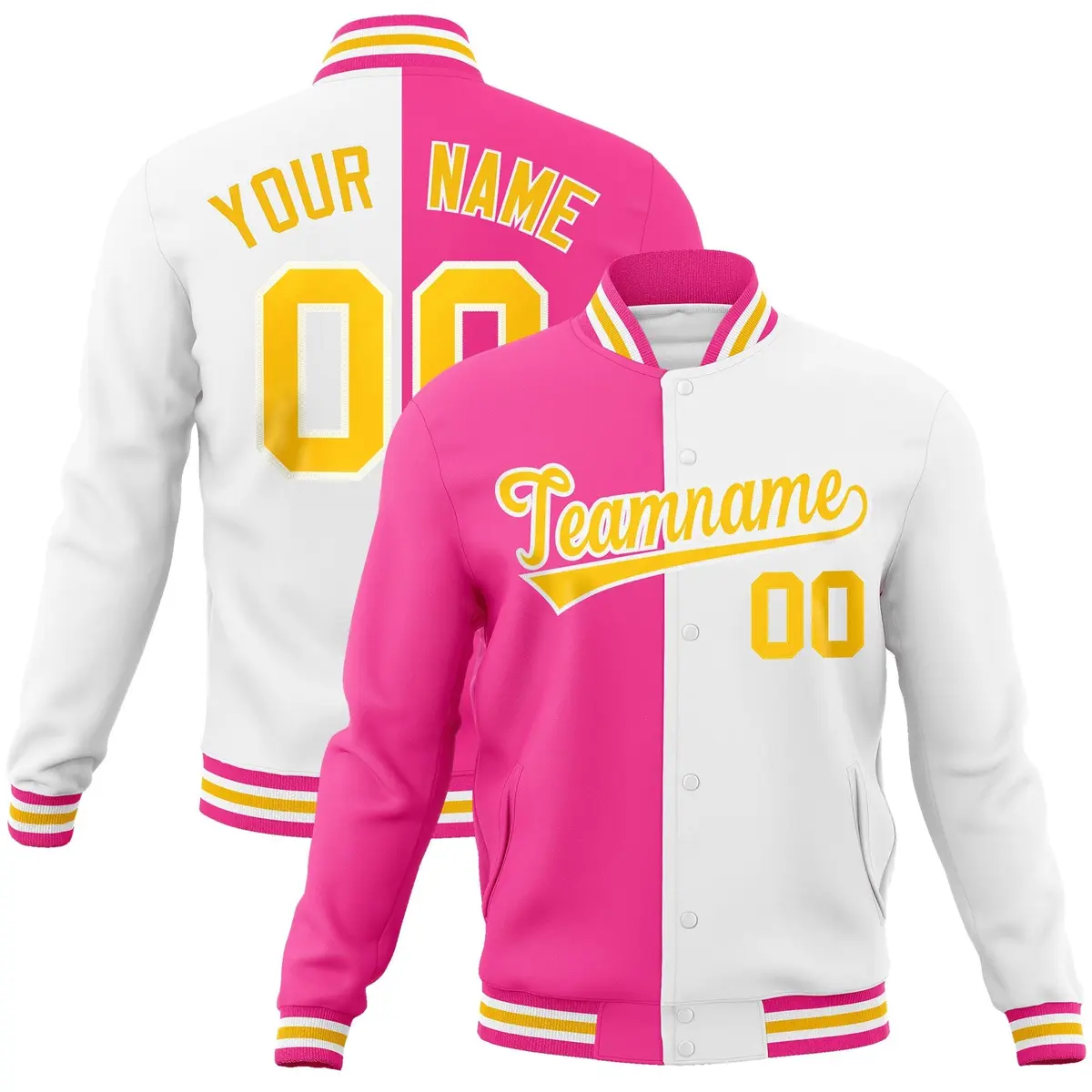 Pink White-Gold Two Tone Split Varsity Letterman Jacket
