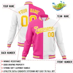 Pink White-Gold Two Tone Split Varsity Letterman Jacket 4