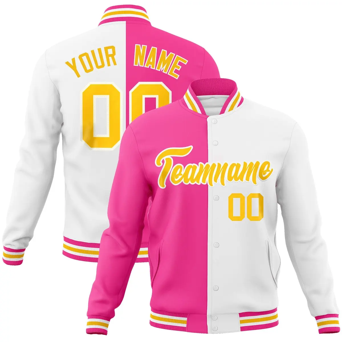 Pink White-Gold Two Tone Split Varsity Letterman Jacket