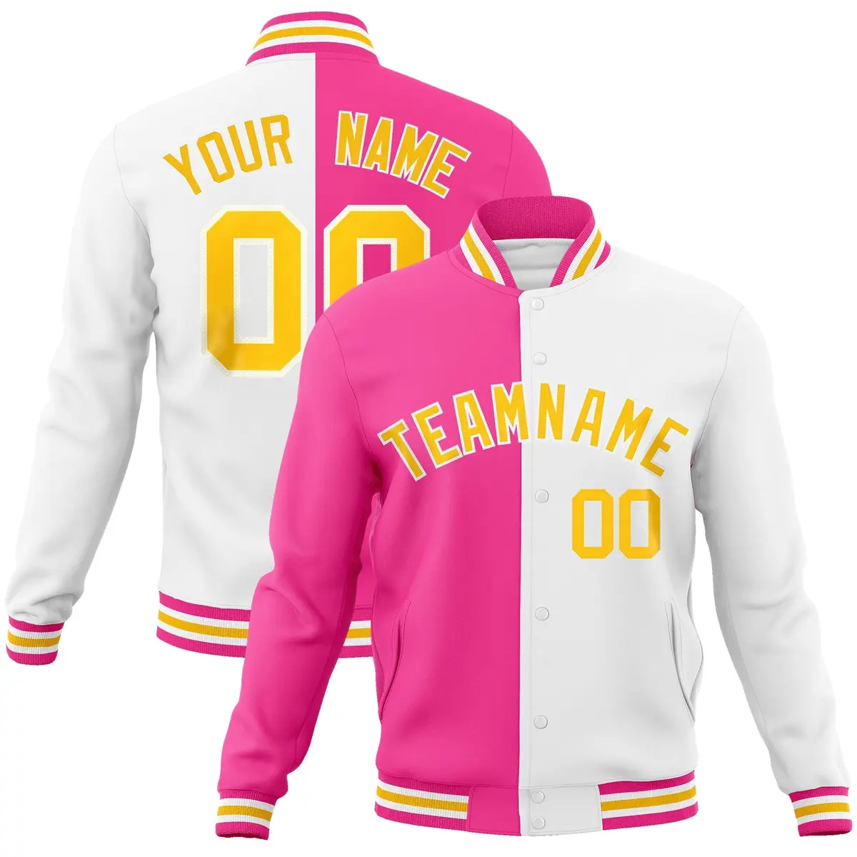 Pink White-Gold Two Tone Split Varsity Letterman Jacket