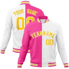 Pink White-Gold Two Tone Split Varsity Letterman Jacket