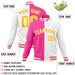 Pink White-Gold Two Tone Split Varsity Letterman Jacket 4