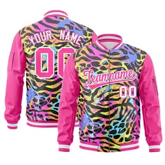 Pink White Graffiti Pattern Full-Zip Varsity Letterman Bomber Jacket