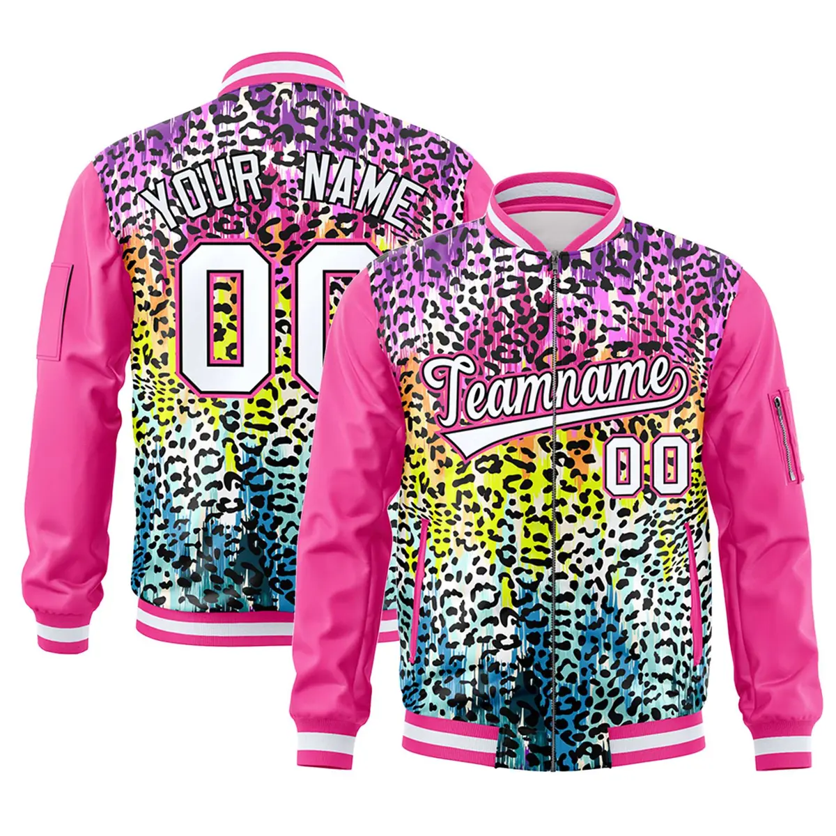 Pink White Graffiti Pattern Full-Zip Varsity Letterman Bomber Jacket