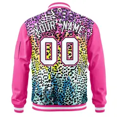 Pink White Graffiti Pattern Full-Zip Varsity Letterman Bomber Jacket 4
