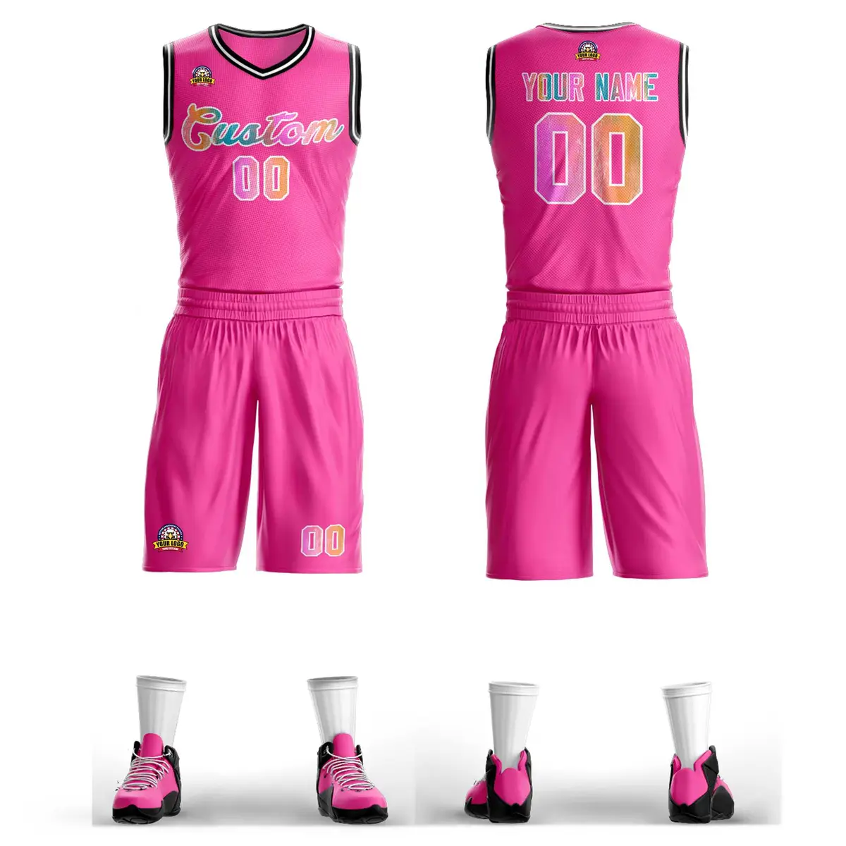 Pink White Graffiti Pattern Mesh Basketball Jersey Sets