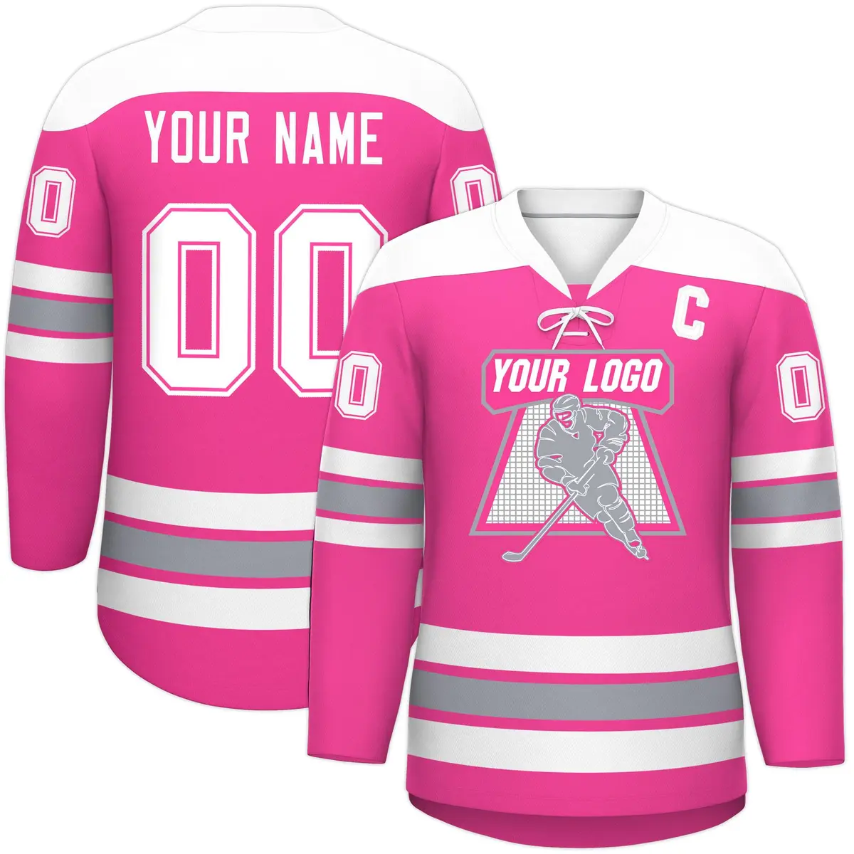 Pink White Gray Classic Lace-Up Neck Hockey Jersey