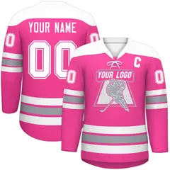 Pink White Gray Classic Lace-Up Neck Hockey Jersey 1
