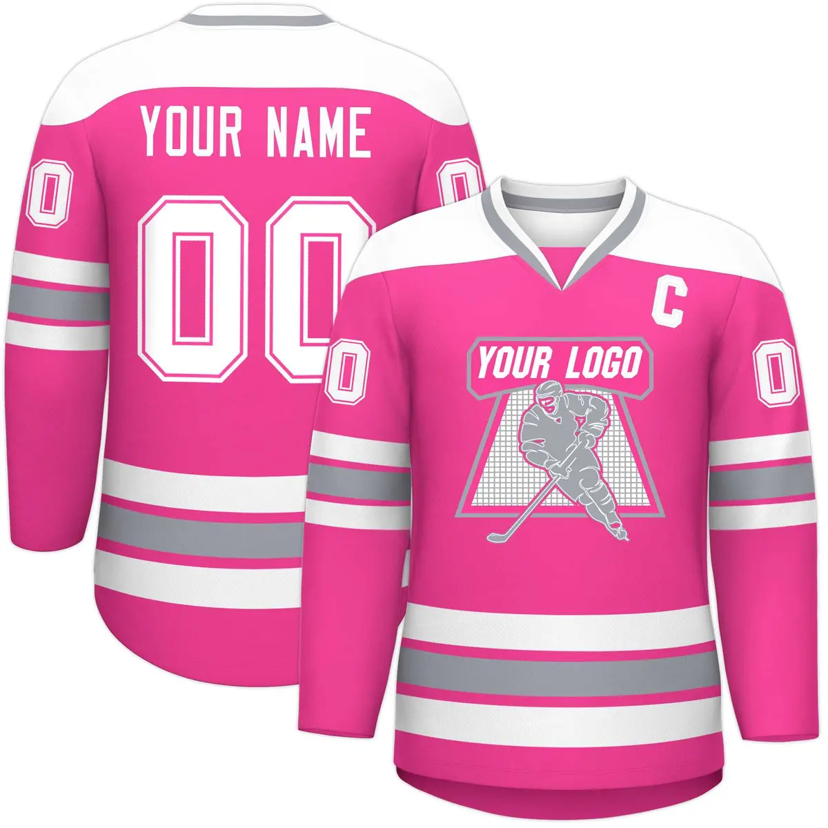 Pink White-Gray Classic V-Neck Hockey Jersey