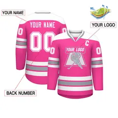 Pink White-Gray Classic V-Neck Hockey Jersey 2