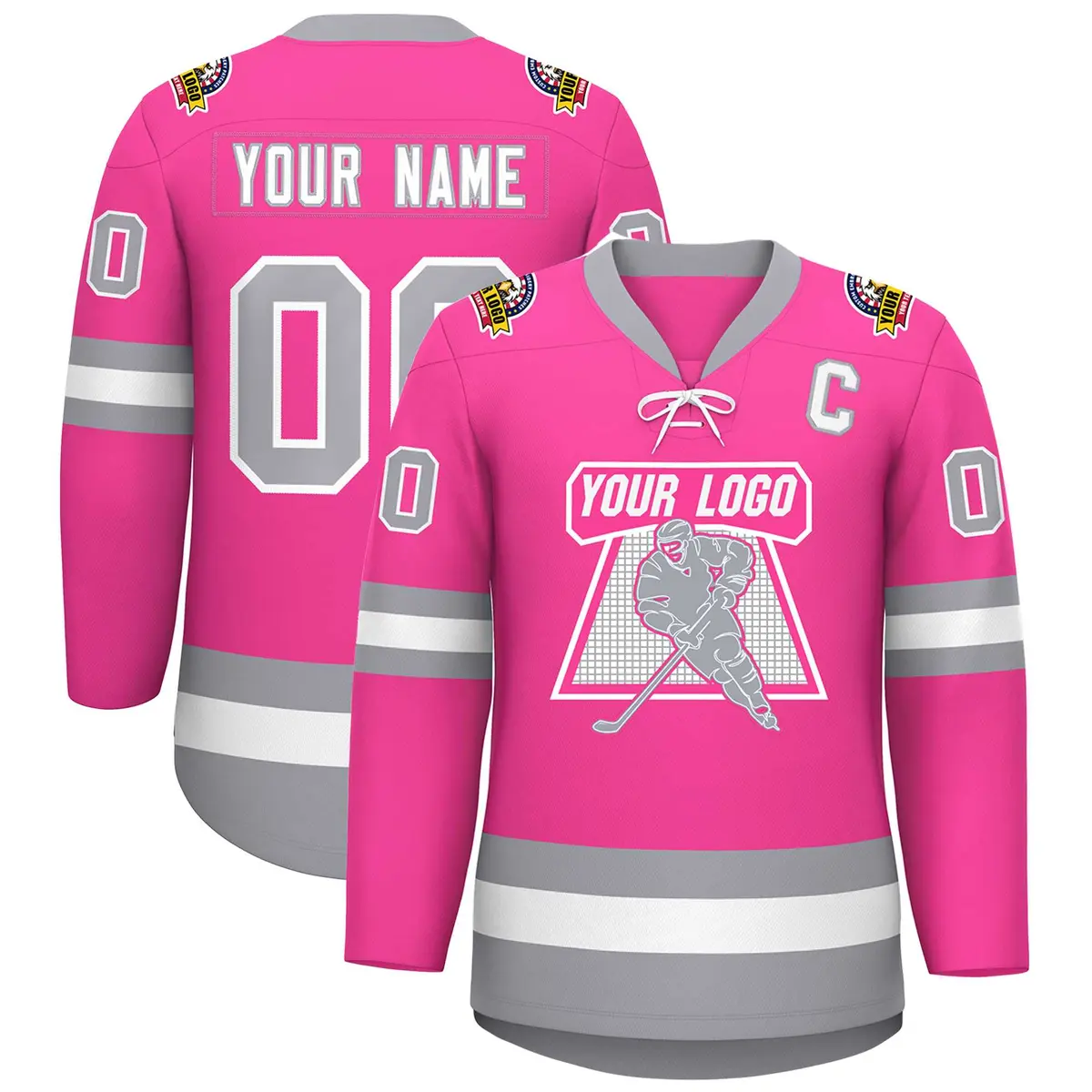Pink White-Gray Lace-Up Neck Hockey Jersey