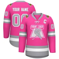 Pink White-Gray Lace-Up Neck Hockey Jersey