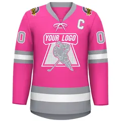 Pink White-Gray Lace-Up Neck Hockey Jersey 3