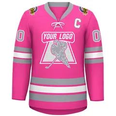Pink White-Gray Lace-Up Neck Hockey Jersey 3