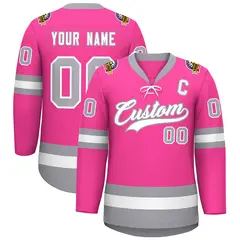 Pink White-Gray Lace-Up Neck Hockey Jersey