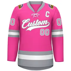 Pink White-Gray Lace-Up Neck Hockey Jersey 3