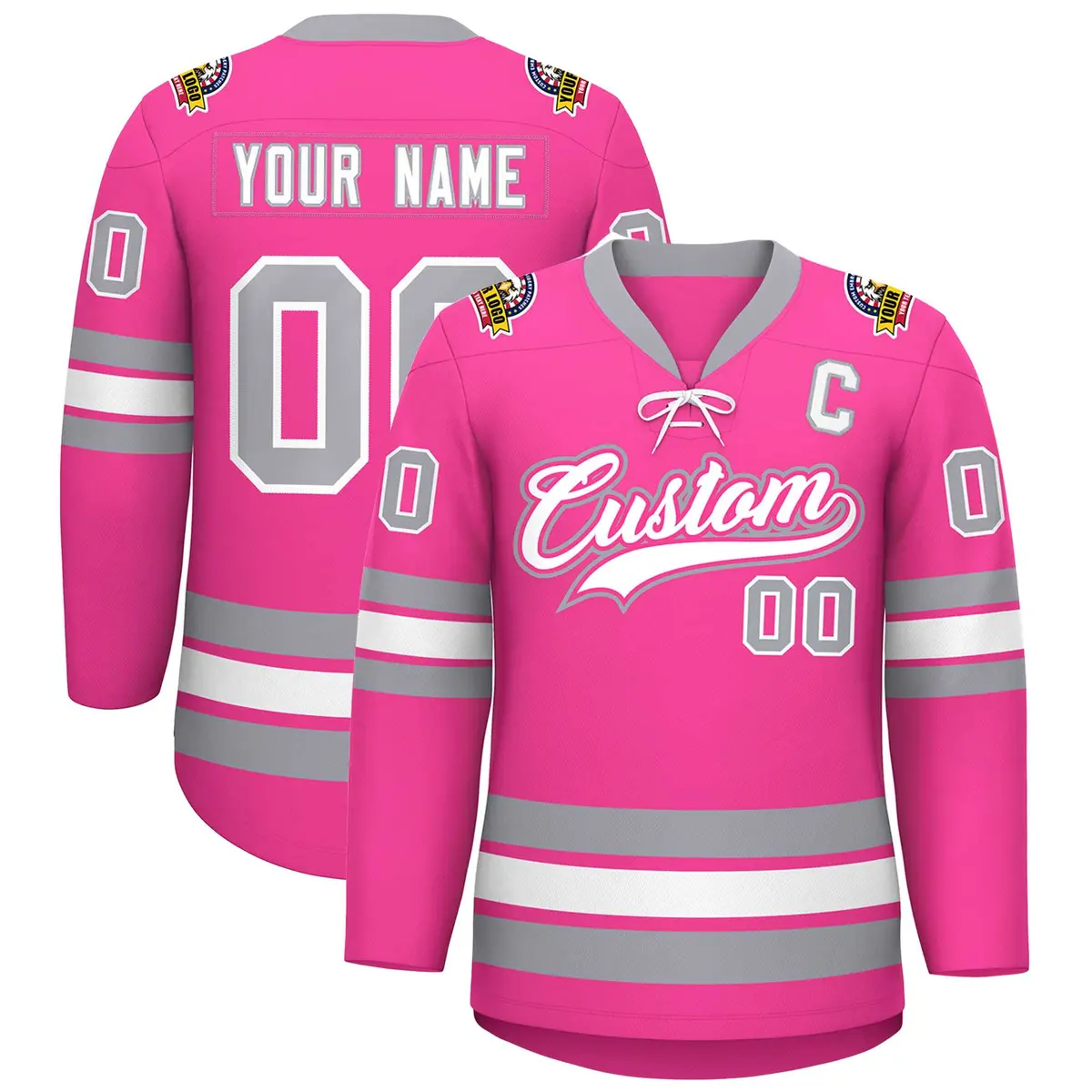 Pink White-Gray Lace-Up Neck Hockey Jersey