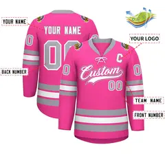 Pink White-Gray Lace-Up Neck Hockey Jersey 2