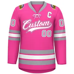 Pink White-Gray Lace-Up Neck Hockey Jersey 3