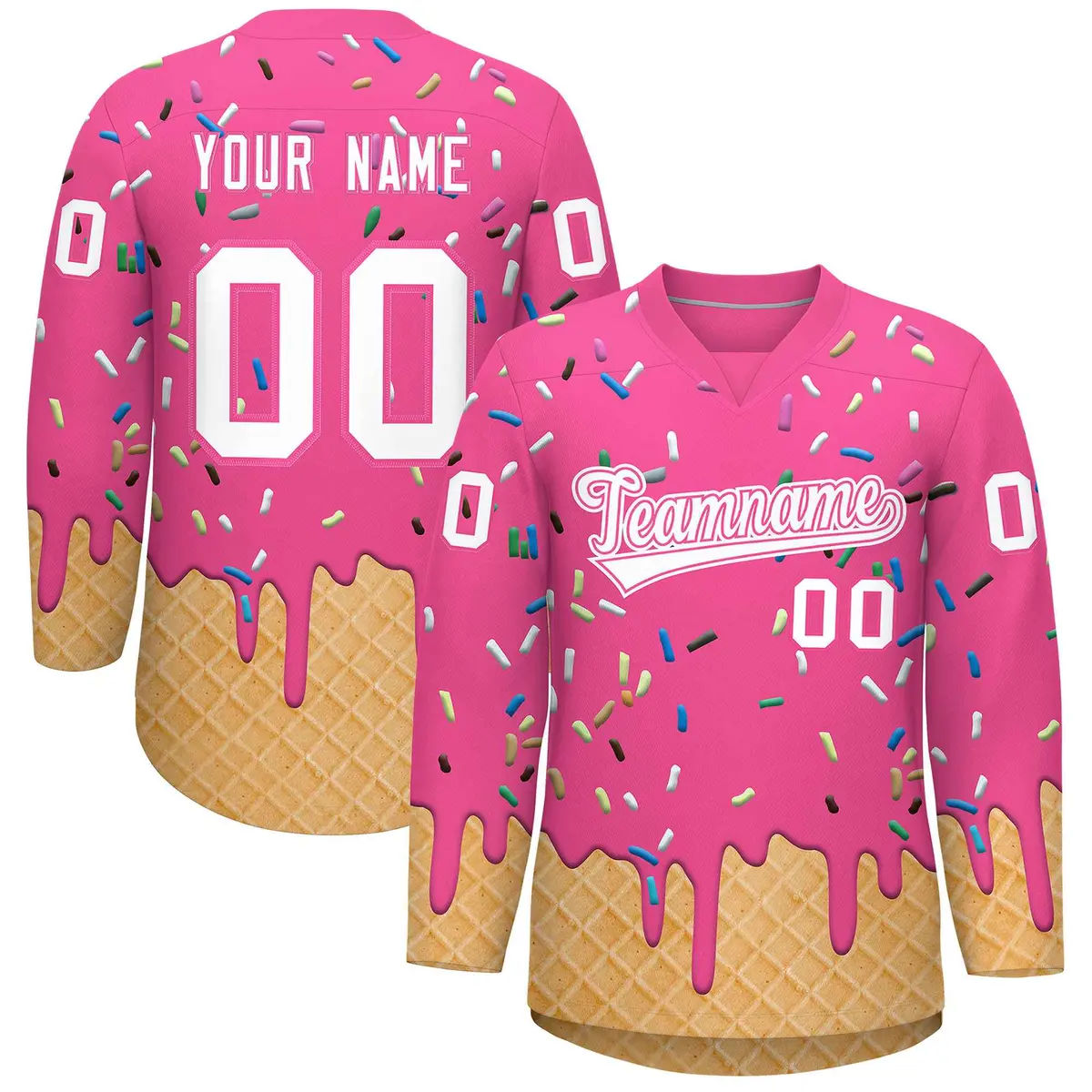 Pink White Ice Cream Pattern V-Neck Hockey Jersey