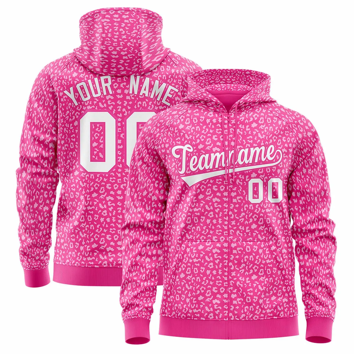 Pink White Leopard Print Varsity Full-Zip Letterman Jacket Hoodie