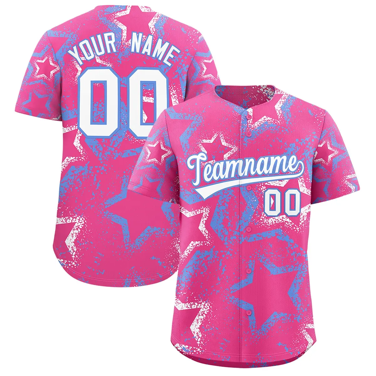 Pink White Light Blue Star-Shaped Graffiti Ink Baseball Jersey